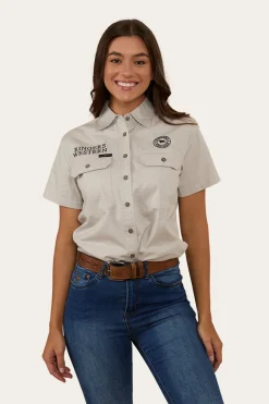 Signature Jillaroo Womens Full Button Short Sleeve Work Shirt - Beige / Navy