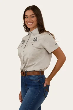 Signature Jillaroo Womens Full Button Short Sleeve Work Shirt - Beige / Navy
