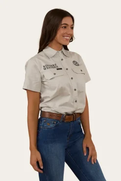 Signature Jillaroo Womens Full Button Short Sleeve Work Shirt - Beige / Navy