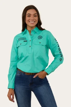 Signature Jillaroo Womens Half Button Work Shirt - Mint/Navy