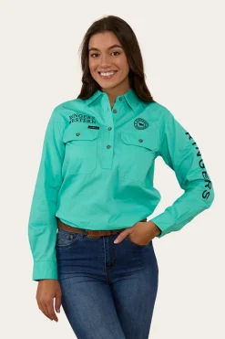 Signature Jillaroo Womens Half Button Work Shirt - Mint/Navy