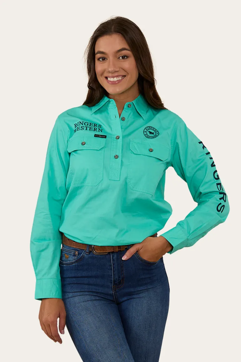 Signature Jillaroo Womens Half Button Work Shirt - Mint/Navy