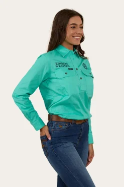 Signature Jillaroo Womens Half Button Work Shirt - Mint/Navy