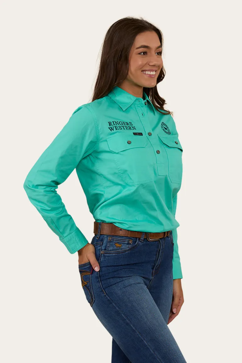 Signature Jillaroo Womens Half Button Work Shirt - Mint/Navy