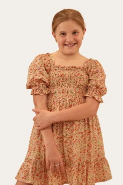 Tahlia Girls Shirred Mini Dress - Off White