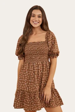 Tahlia Womens Shirred Mini Dress - Toffee