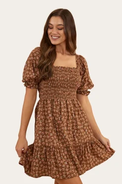 Tahlia Womens Shirred Mini Dress - Toffee