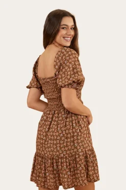 Tahlia Womens Shirred Mini Dress - Toffee