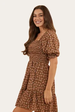 Tahlia Womens Shirred Mini Dress - Toffee