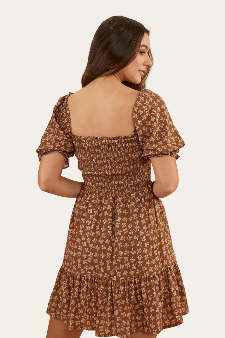 Tahlia Womens Shirred Mini Dress - Toffee